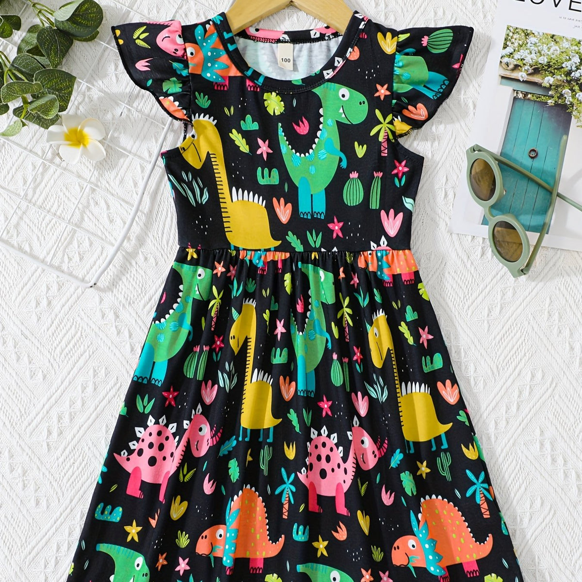 Girls' Cactus & Dino Allover Dress - Comfy Casual Party Vacation Dress