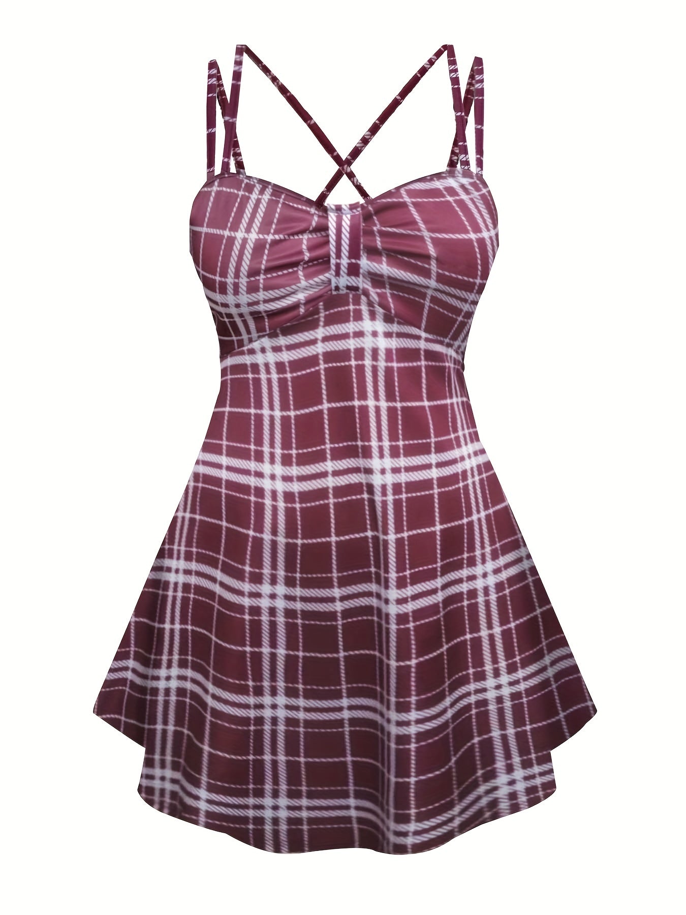 Women's Plus Plaid Print Ruched Criss Cross Cami Dress