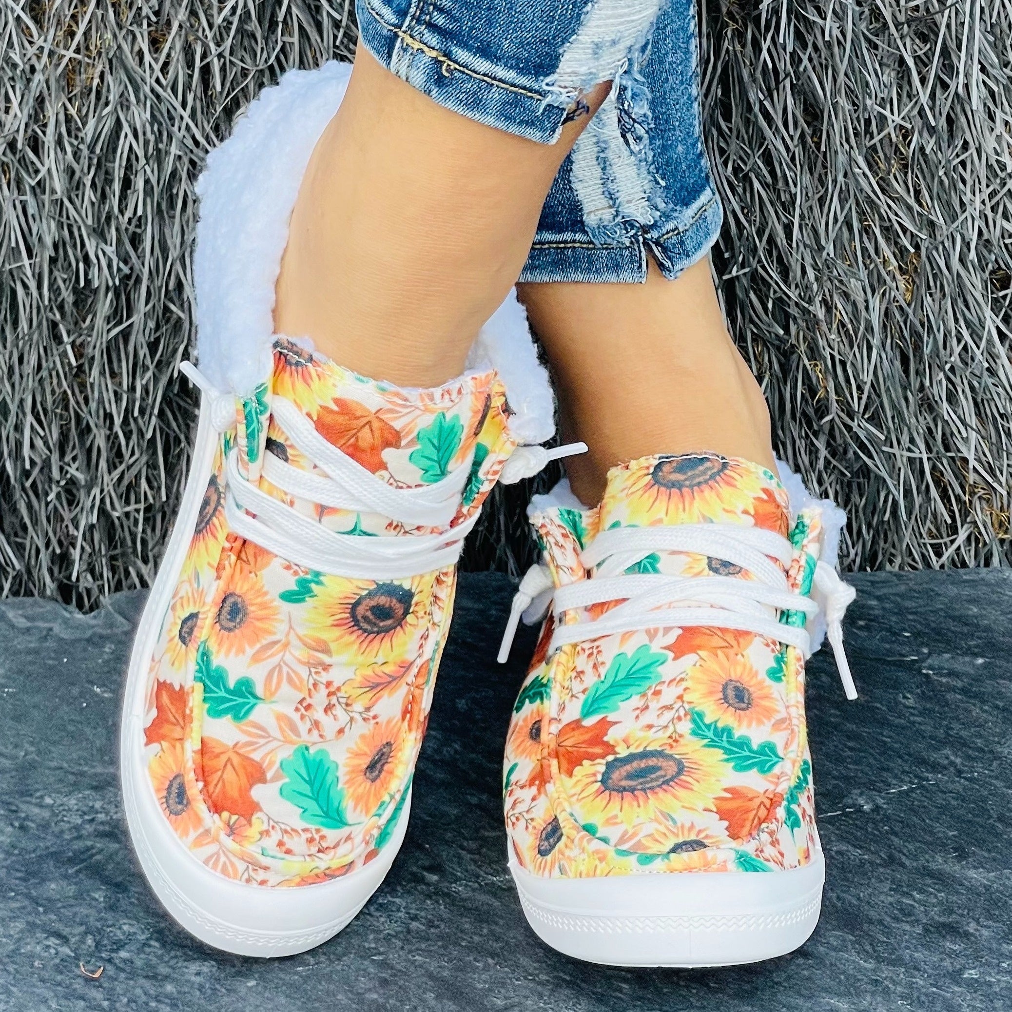 Women's Winter Sunflower Floral Pattern Warm Sneakers Ankle Boots