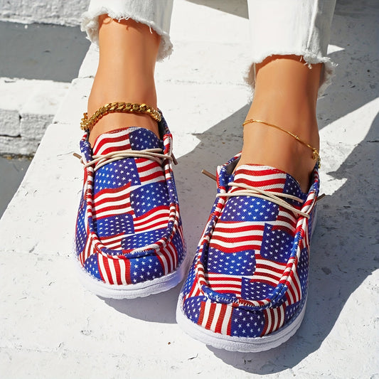 Women's Flag Print Canvas Shoes Lace Up Outdoor Sneakers Lightweight