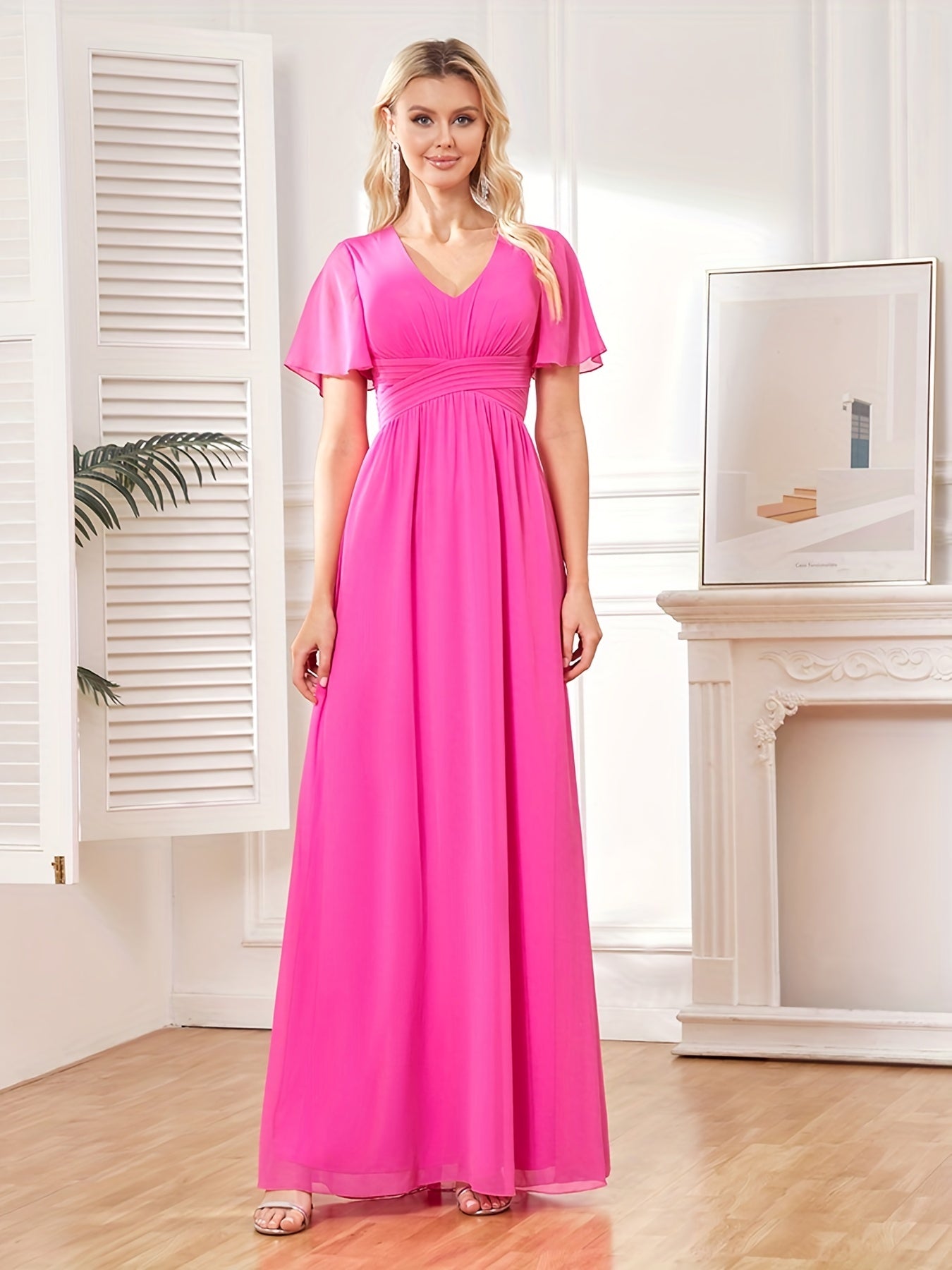 Solid V Neck Bridesmaid Dress Short Sleeve Maxi Wedding Party Dress