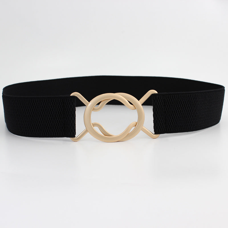Wide Elastic Dress Belt Solid Coat Party Belts Round Double Cross Buckle