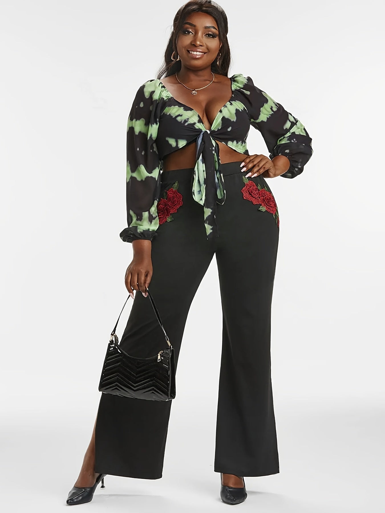 Plus Rose Applique High Waist Straight Leg Pants