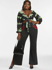 Plus Rose Applique High Waist Straight Leg Pants