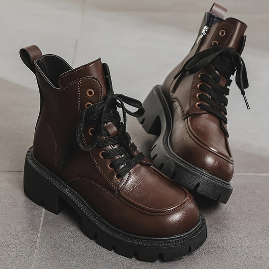Chunky Heeled Combat Boots Lace Up & Side Zipper Women's Ankle Boot