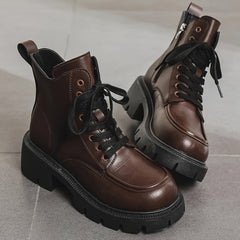 Chunky Heeled Combat Boots Lace Up & Side Zipper Women's Ankle Boot
