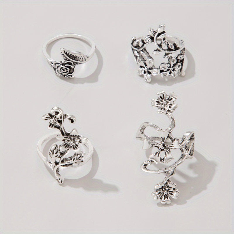Boho Flower Stackable Leaf Finger Rings Set of 4