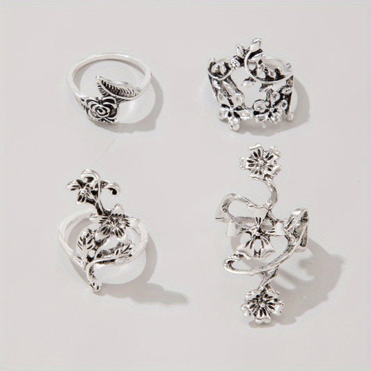 Boho Flower Stackable Leaf Finger Rings Set of 4