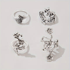 Boho Flower Stackable Leaf Finger Rings Set of 4