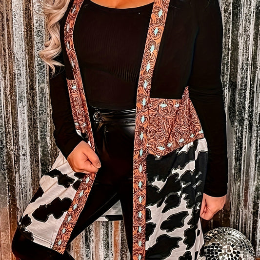  Colorblock Paisley & Cow Print Long Sleeve Cardigan