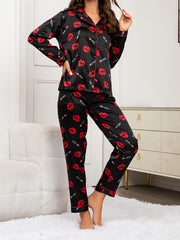 Lips Print Pajama Set Long Sleeve Top & Pants Women's Sleepwear