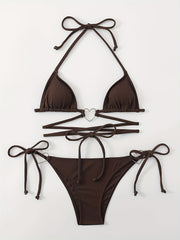 Heart Linked Halter Neck Rib Knit Bikini Set
