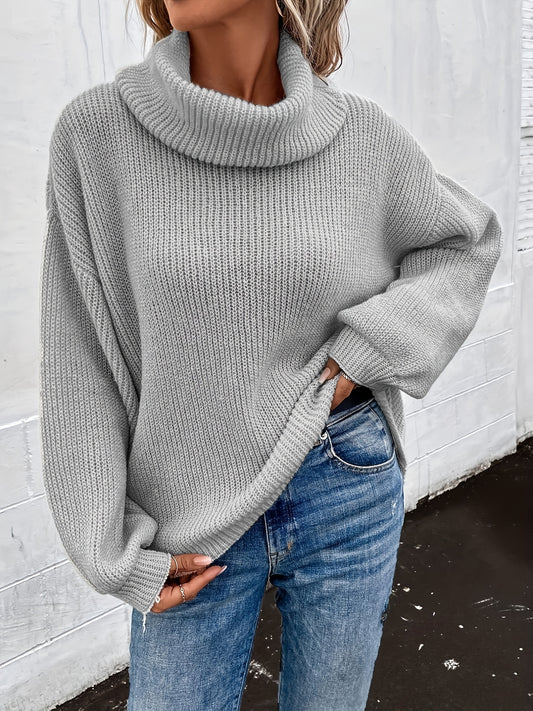 Solid Turtle Neck Pullover Sweater Long Sleeve Drop Shoulder