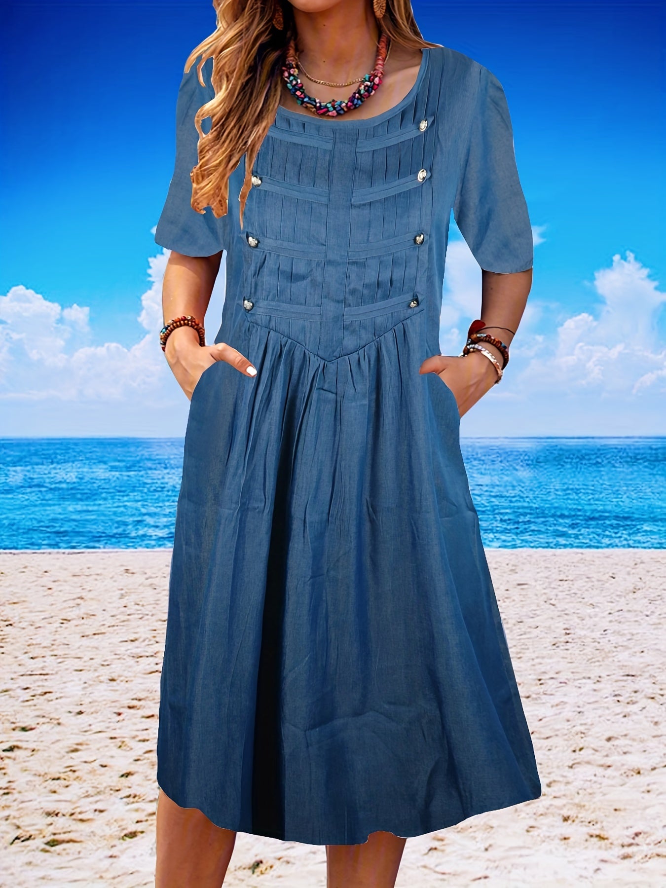  Ruched Bead Decor Round Neck Short Sleeve Dress