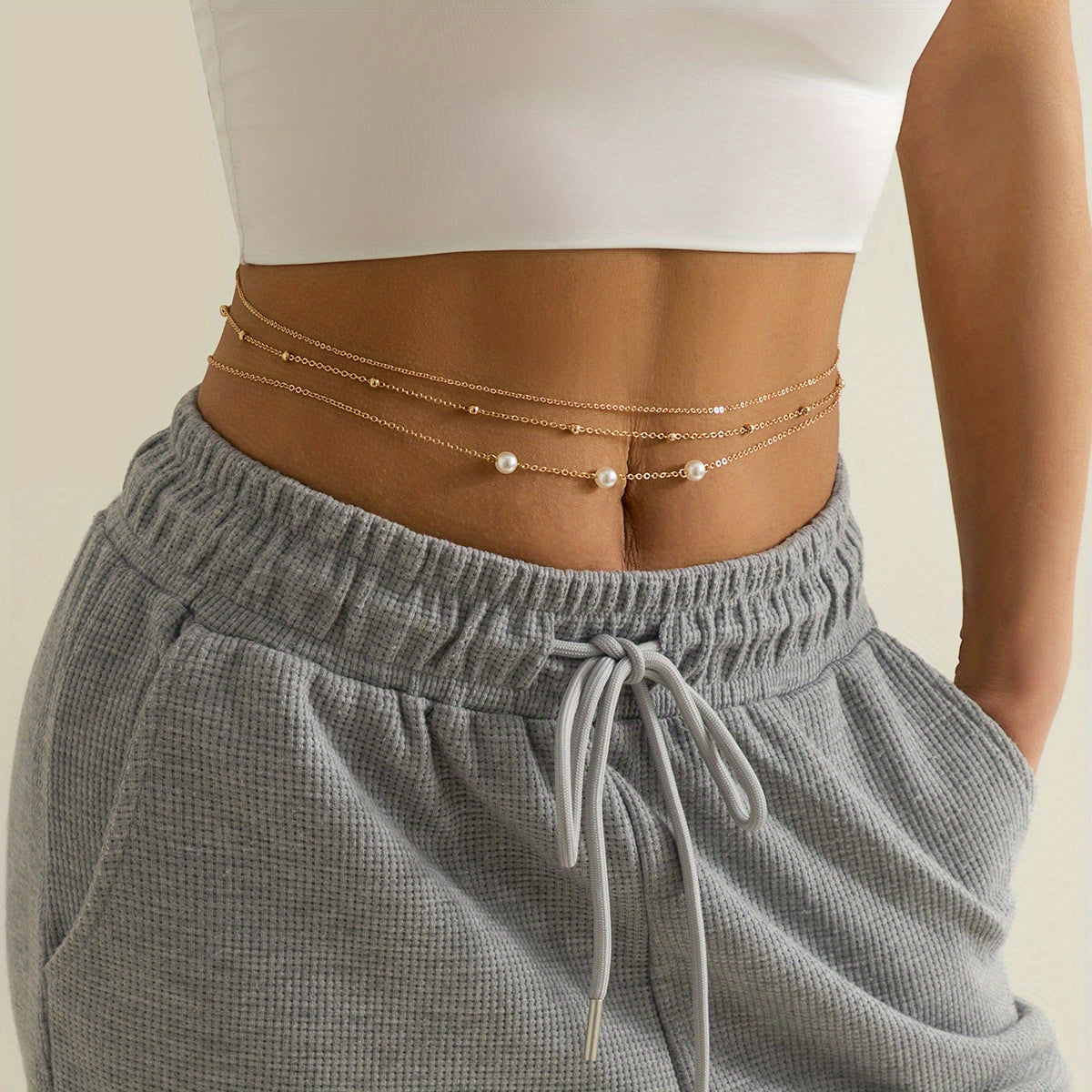 Metal Waist Chain Faux Pearl Decor Belly Chain Summer Beach Girdle