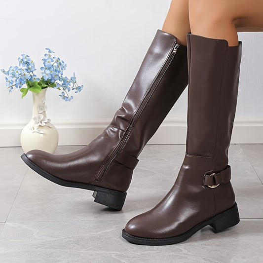 Women's Knee High Side Zipper Chunky Heeled Boots