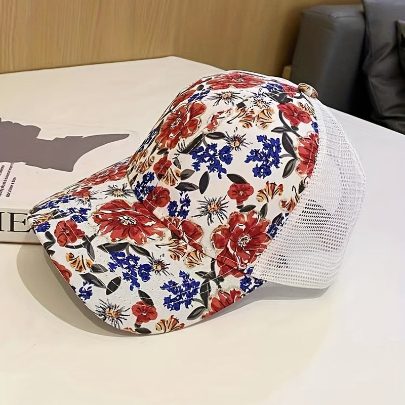 Red Flower Print Trucker Hat Breathable Sunscreen Dad Cap