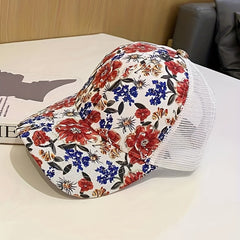 Red Flower Print Trucker Hat Breathable Sunscreen Dad Cap