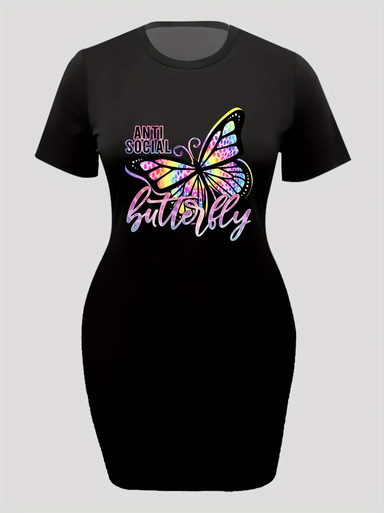 Butterfly & Letter Print Round Neck Dress