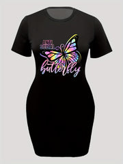  Butterfly & Letter Print Round Neck Dress