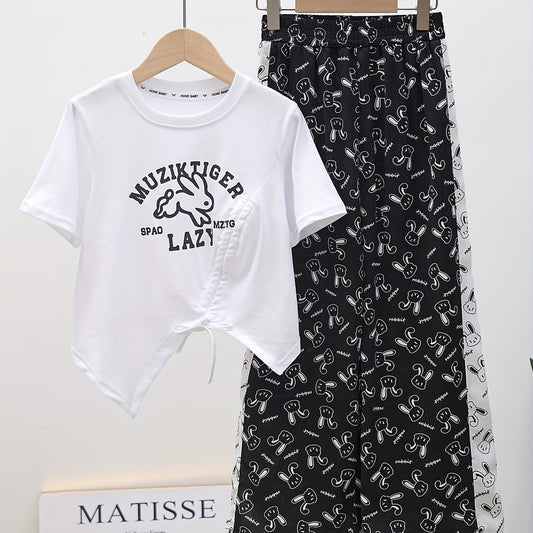 Girls Bunny Graphic T Shirt & Flare Leg Pants Set