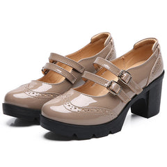 Women's Buckle Strap High Heel Mary Jane Patent Leather Chunky Heels