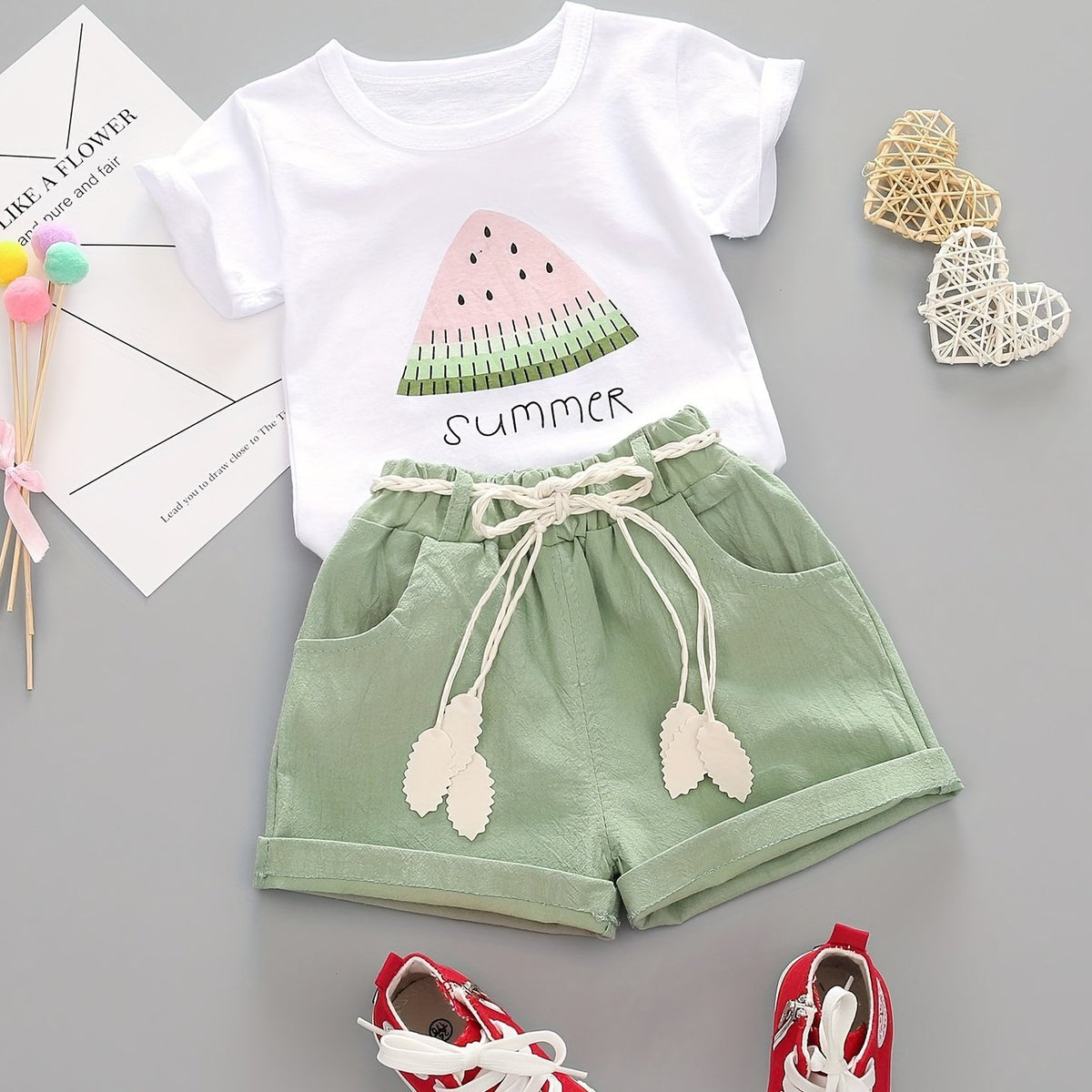 Baby Watermelon Print Summer Suit Round Neck T-shirt & Shorts Set