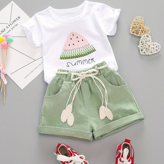 Baby Watermelon Print Summer Suit Round Neck T-shirt & Shorts Set