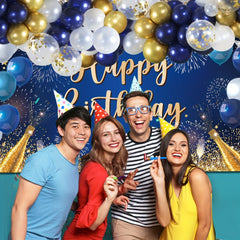 Navy & Gold Balloons Garland + Happy Birthday Banner Backdrop