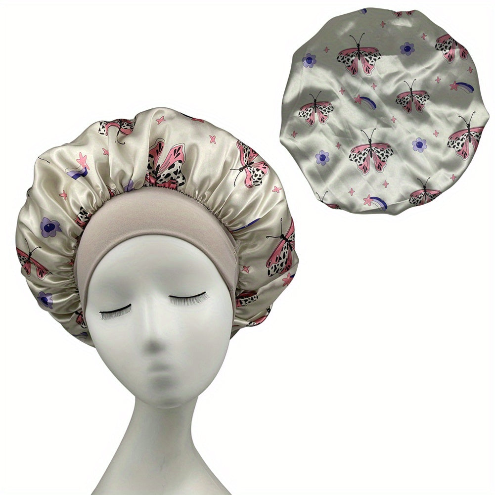 Gray Butterfly Print Bonnet Shower Cap Satin Head Wrap