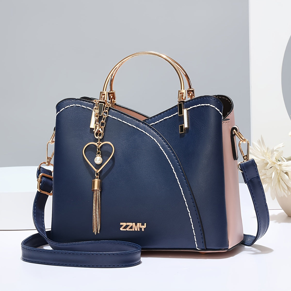 Tassel Accented Colorblock Handbag for Women Crossbody Bag with Zip Closure