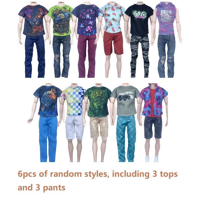 6pcs Set Male Doll Clothes Tops Pants Easy to Put on Durable 11.8 Inch Dolls