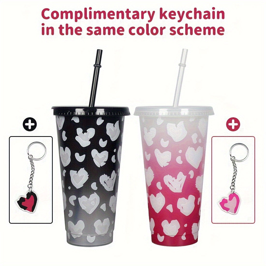 Love Heart Pattern Changing Cup With Straw And Lid 710ml
