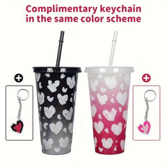 Love Heart Pattern Changing Cup With Straw And Lid 710ml