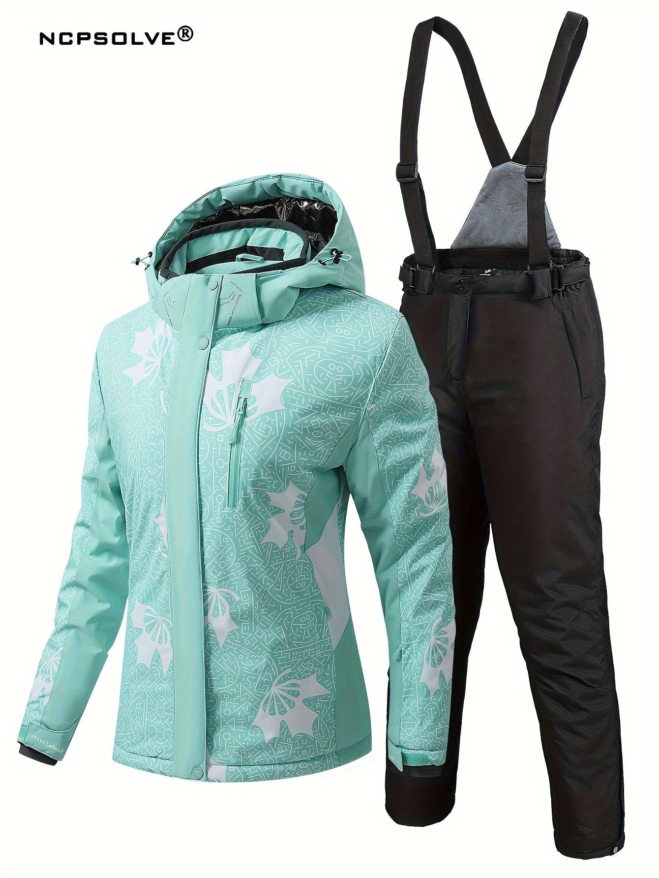 Geometric Print Ski Set Long Sleeves Hooded Jacket & Trouser Ski Suit