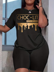 Letter Print Matching Set Short Sleeve T shirt & Biker Shorts