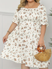  Floral Print Puff Sleeve Ruffle Trim Dress