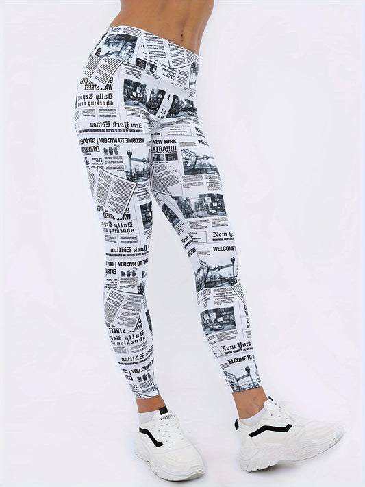 Newspaper Pattern Fitness Gym Leggings High Waist Yoga Workout Running Pants
