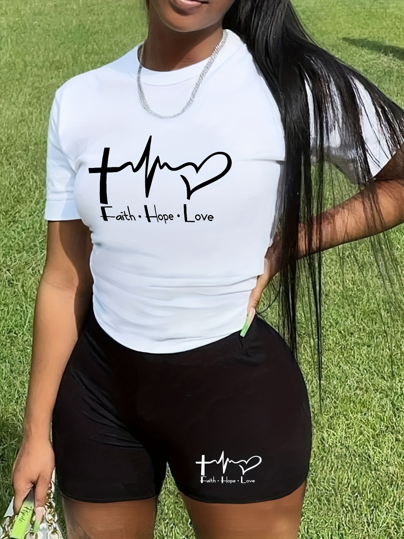 Graphic Print Casual Two Piece Set T-shirt & Slim Shorts Outfit