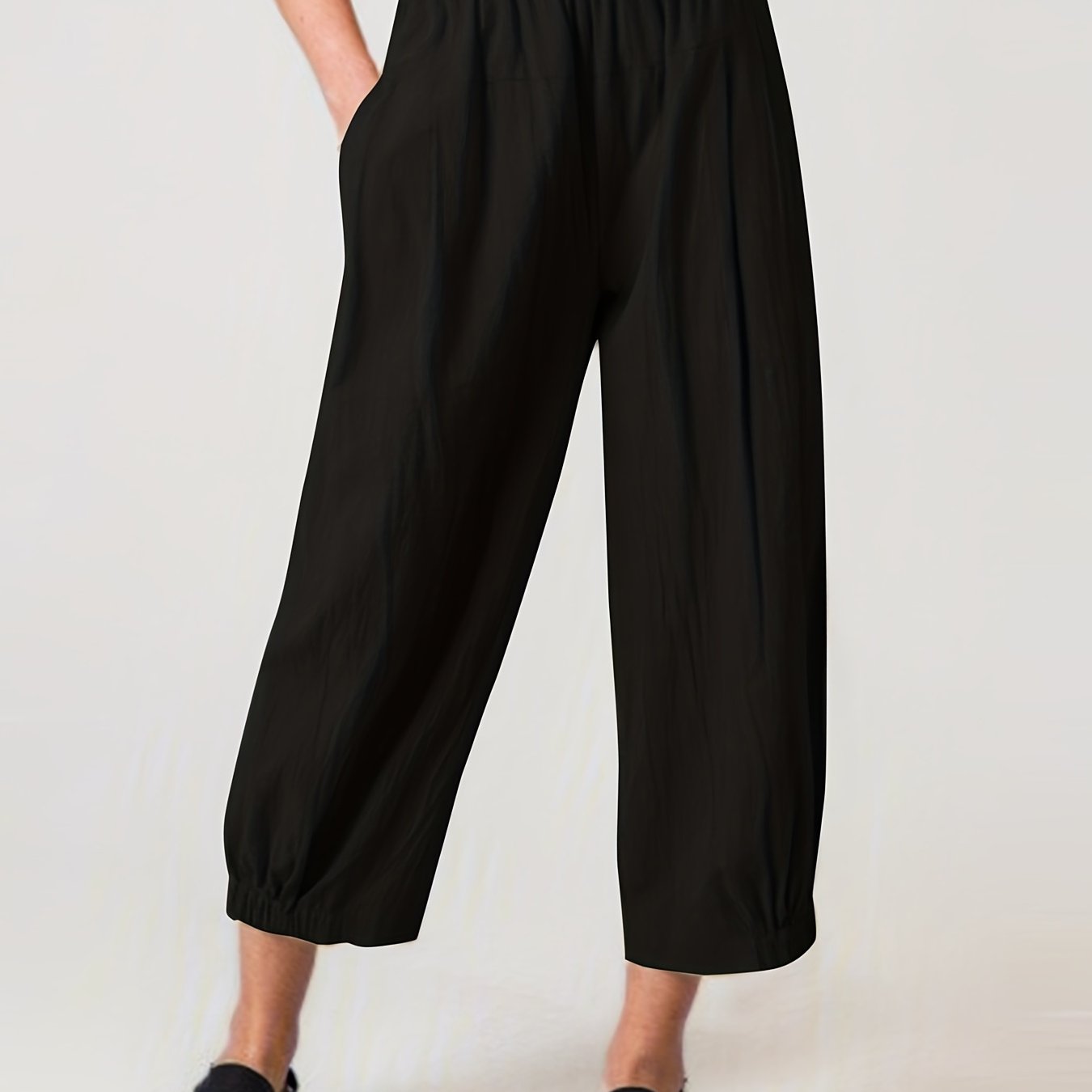  Solid High Rise Elastic Pleated Harem Pants