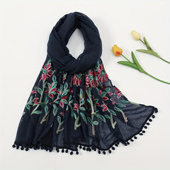 Leaf Embroidery Vintage Scarf Boho Tassel Shawl Solid Windproof Warm Wraps