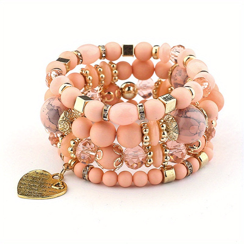 Heart Charm Bead Layered Bracelet Set Vintage Jewelry Gift