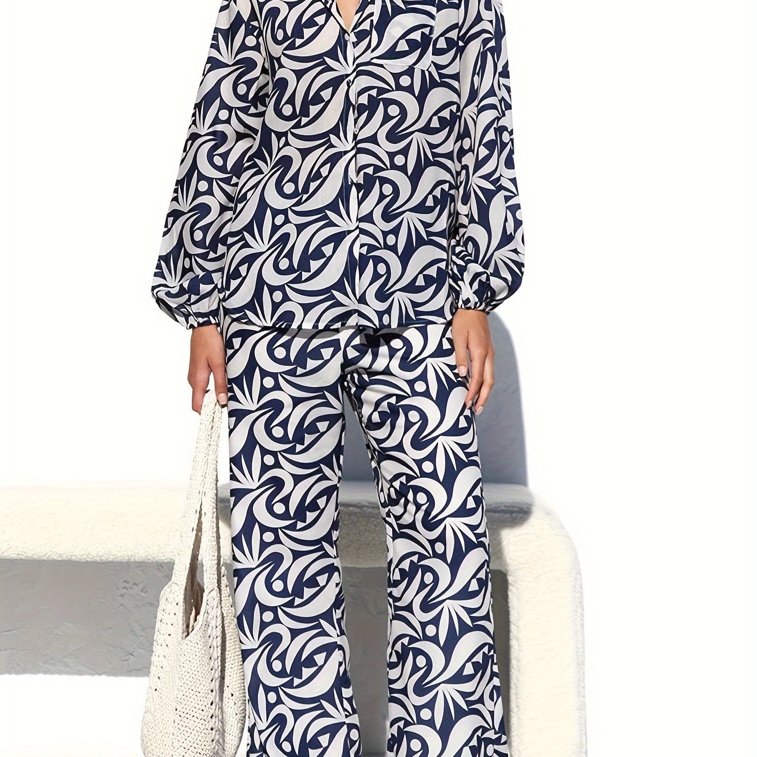  Allover Print Blouse & Pants 2 Piece Set