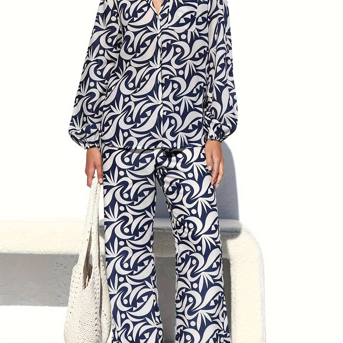  Allover Print Blouse & Pants 2 Piece Set