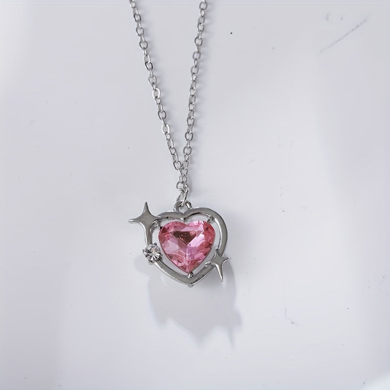 Y2K Love Heart Pendant Necklace Pink Crystal Punk Clavicle Chain
