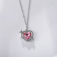 Y2K Love Heart Pendant Necklace Pink Crystal Punk Clavicle Chain
