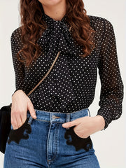  Women's Dot Print Chiffon Long Sleeve Blouse Tie Neck Top