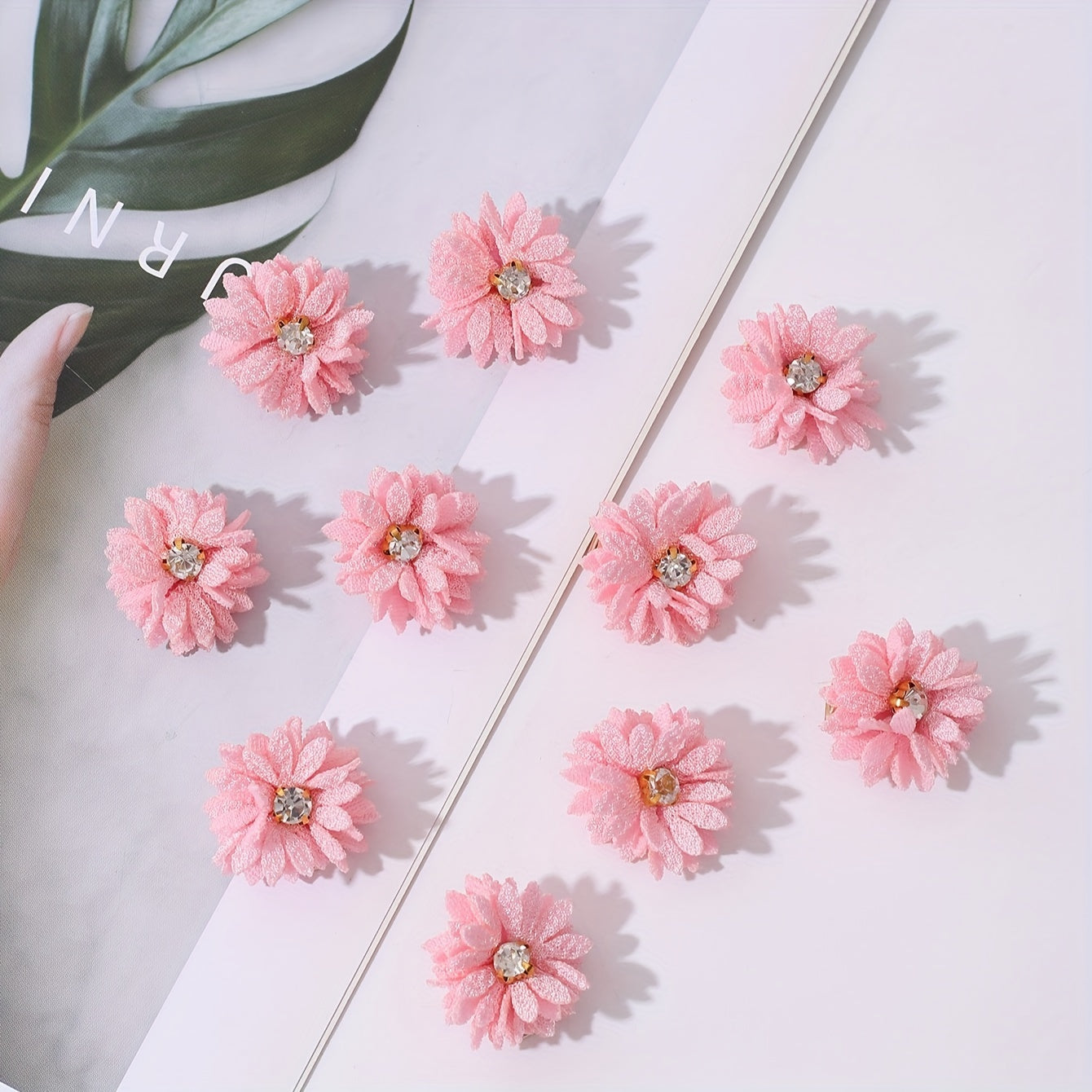 10pcs Pink Fabric Flower Hair Clips with Rhinestones for Parties