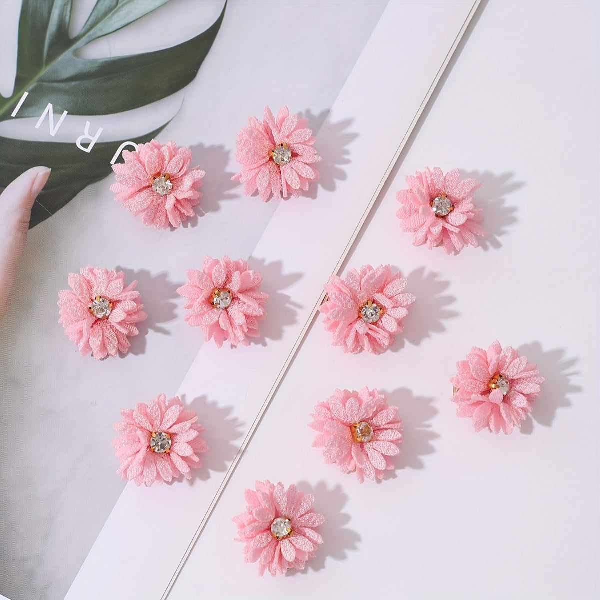 10pcs Pink Fabric Flower Hair Clips with Rhinestones for Parties
