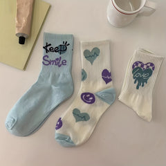 3 Pairs Heart & Letter Print Socks Women's Stockings